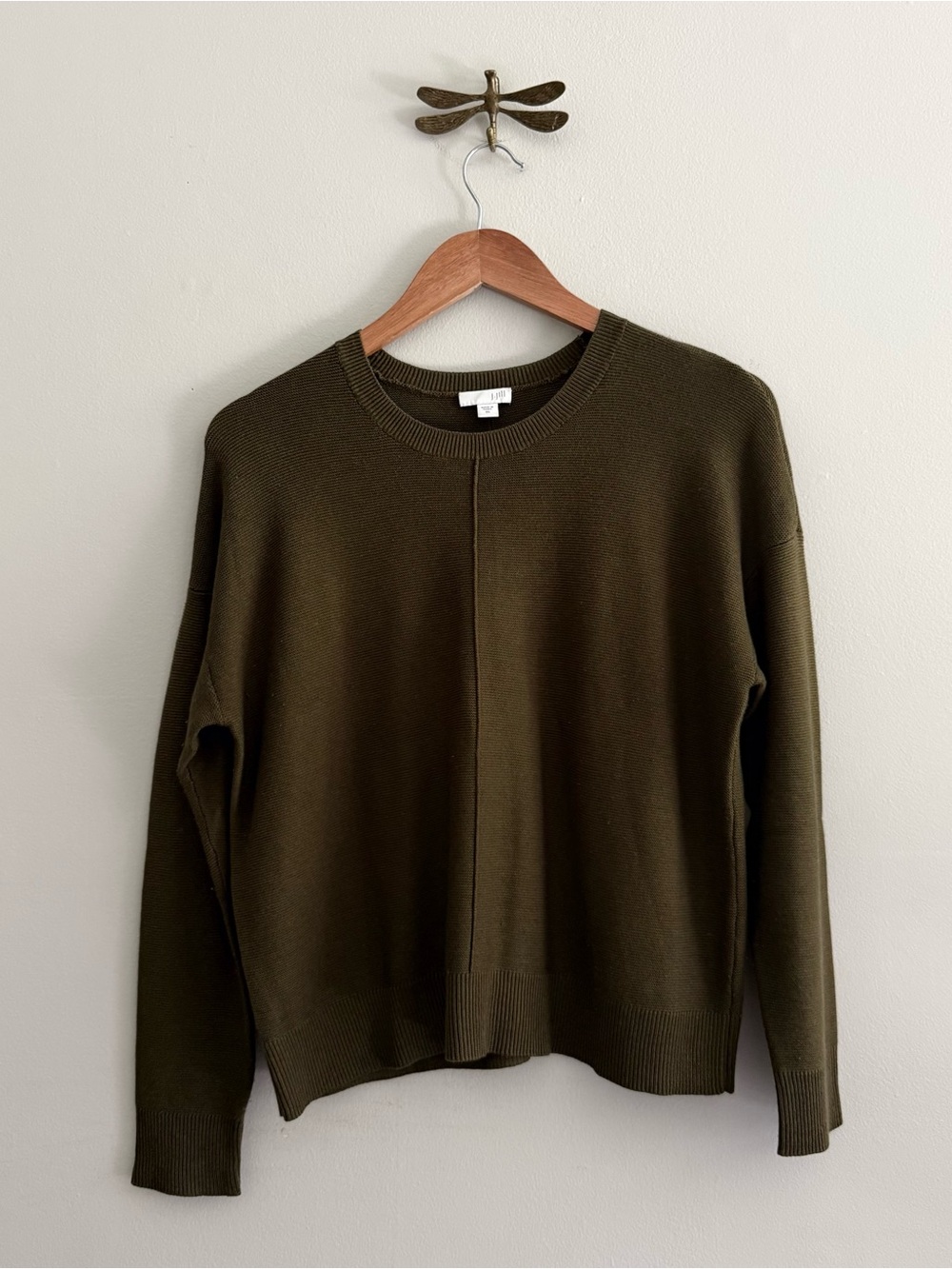 J Jill Silk Blend Knit Olive Green Crewneck Boxy Sweater XS